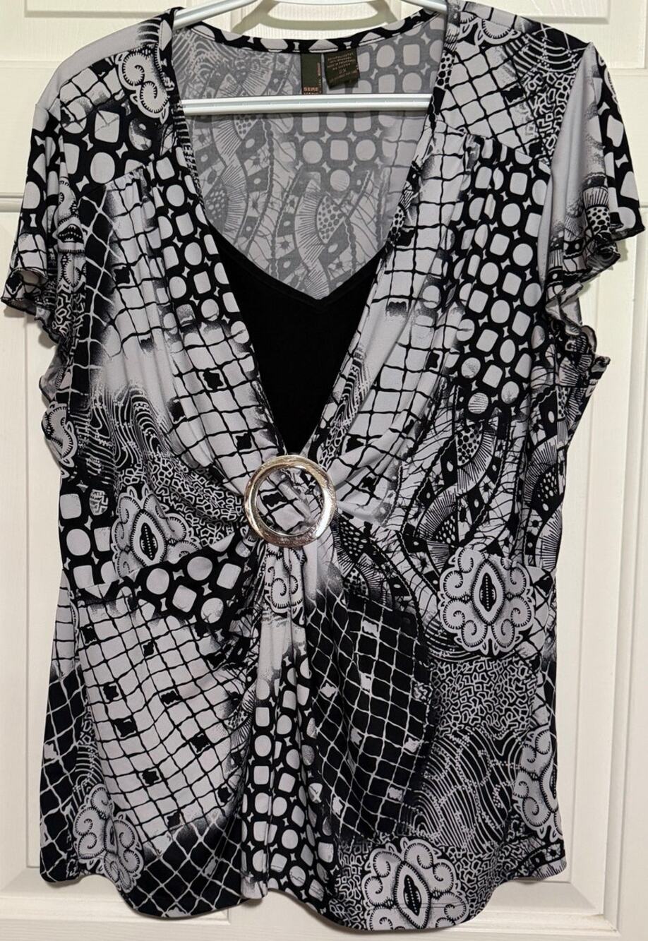 Serenade New York Women's Black Gray Overlay Tank Short Sleeve Blouse Size 2X